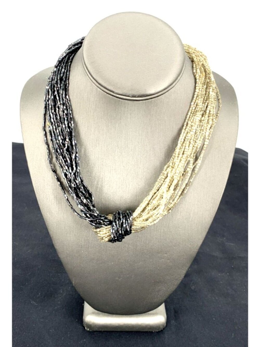 Glass Bead Necklace 24 Strand Bugle Beads Black Silver 17" Vintage